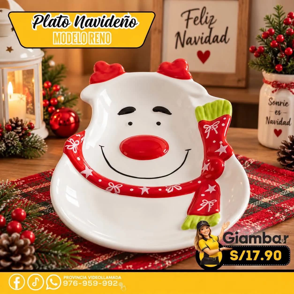 GB-137 PLATO RENO NAVIDEÑO MEDIANO ROJO Y VERDE