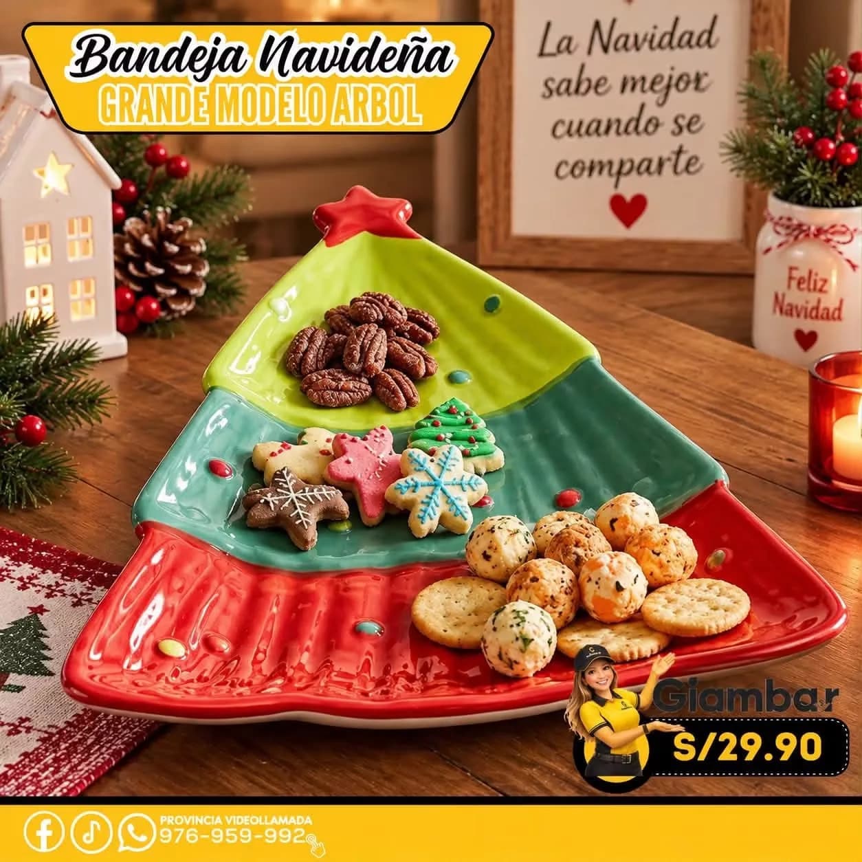 GB-139 PLATO EN FORMA DE ARBOL DE NAVIDAD GRANDE COLOR ROJO  Y VERDE