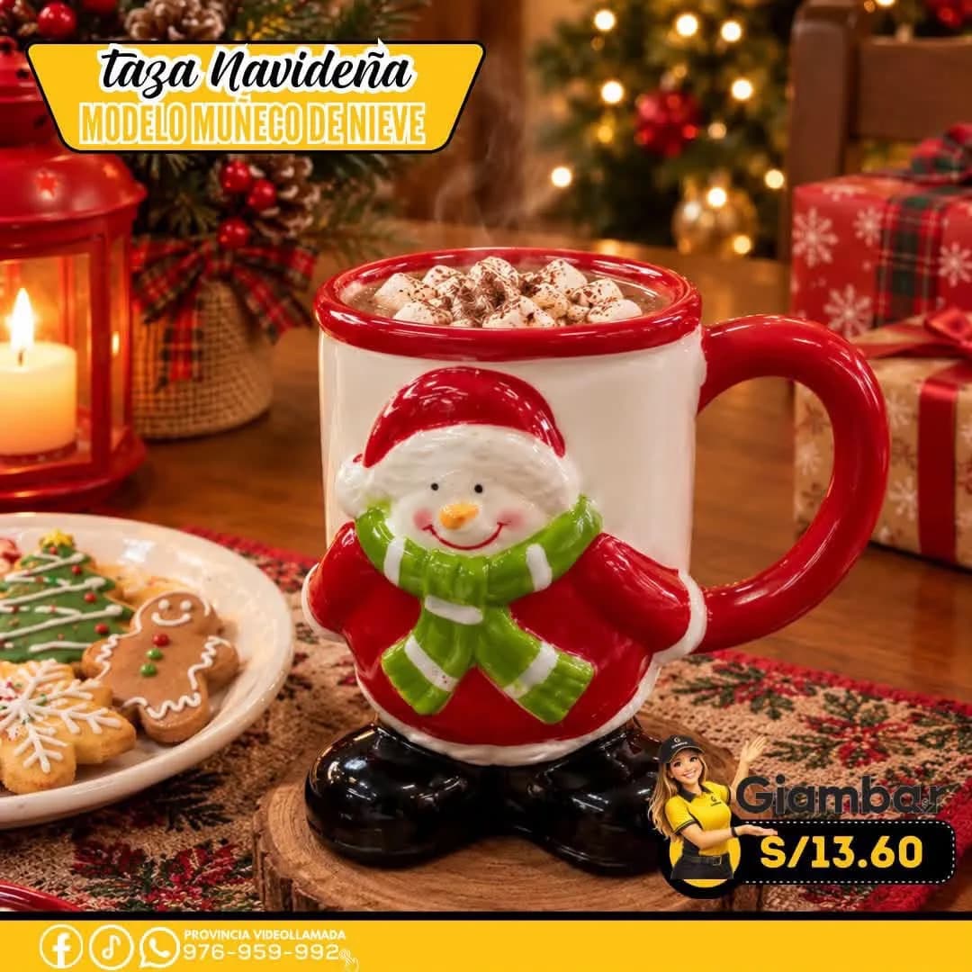 GB-149 TAZA BLANCA CON ROJO CON ADORNO DE MUÑECO DE NIEVE