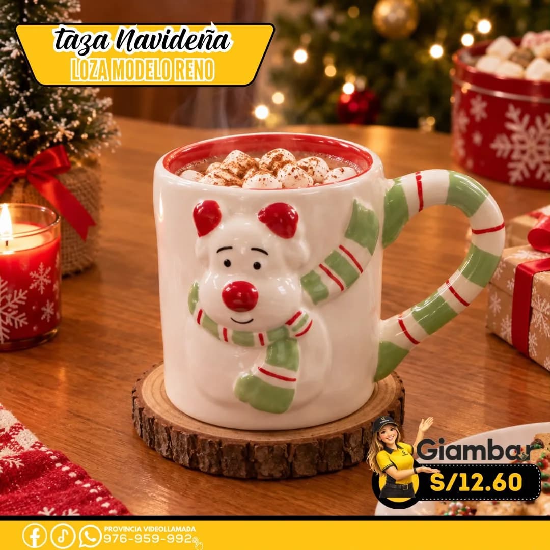 GB-227 TAZA BLANCA CON ADORNO RENO Y BUFANDA COLOR PASTEL