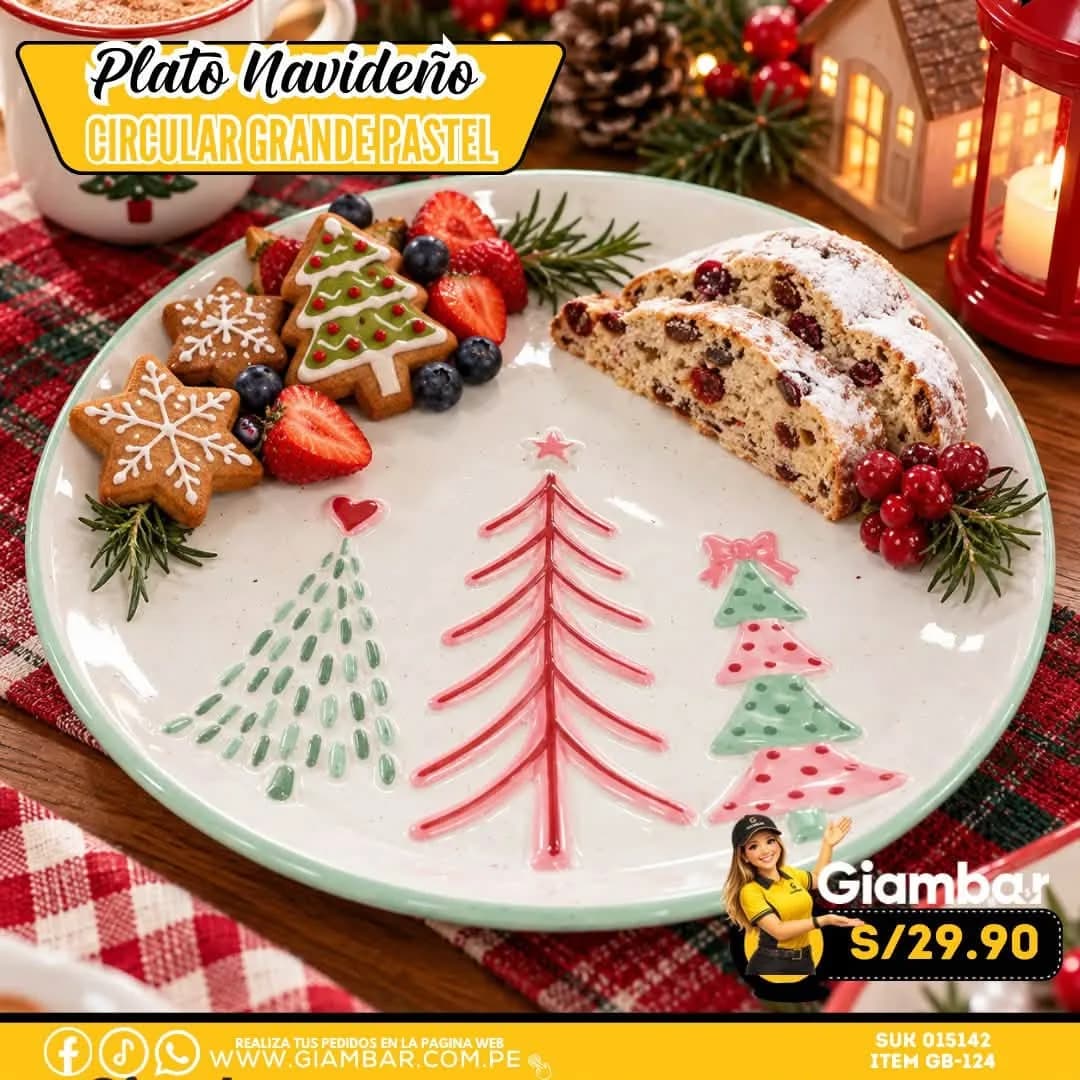 GB-124 PLATO CIRCULAR GRANDE CON DISEÑO DE ARBOLES DE NAVIDAD