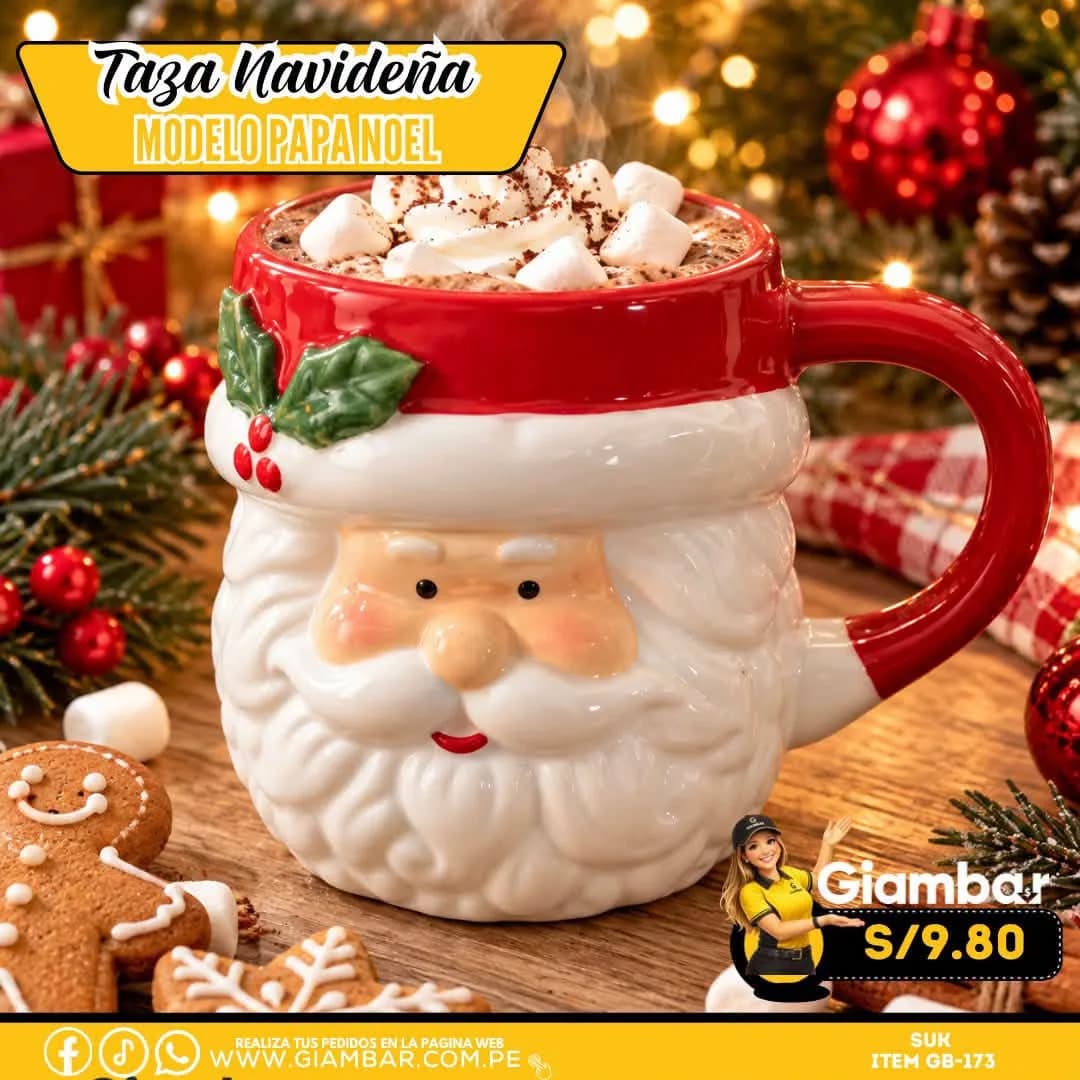 GB-173 TAZA CON CARA DE PAPA NOEL NAVIDEÑO CON AZA ROJA