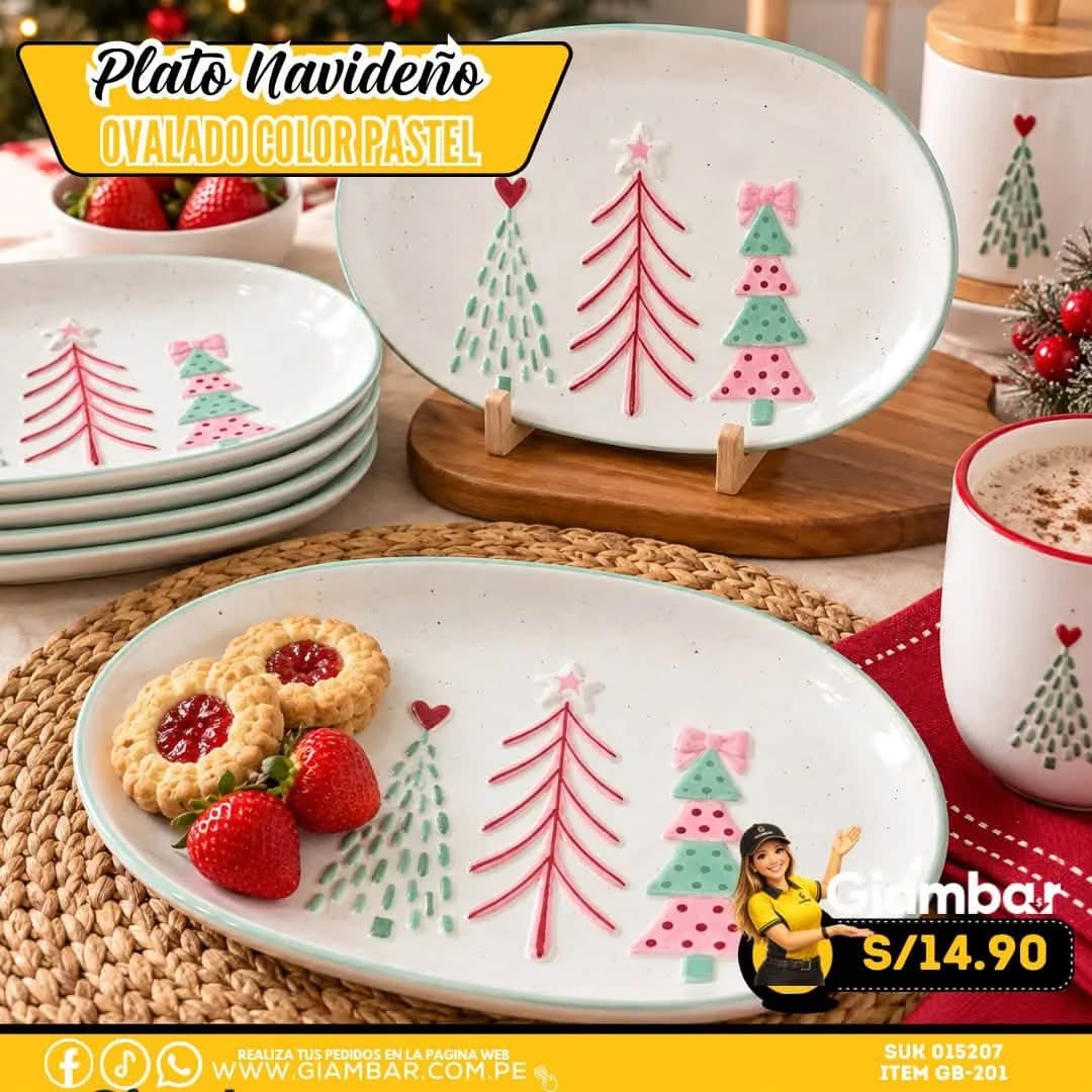 GB-201 PLATO OVALADO CON ARBOLES DE NAVIDAD COLOR PASTEL