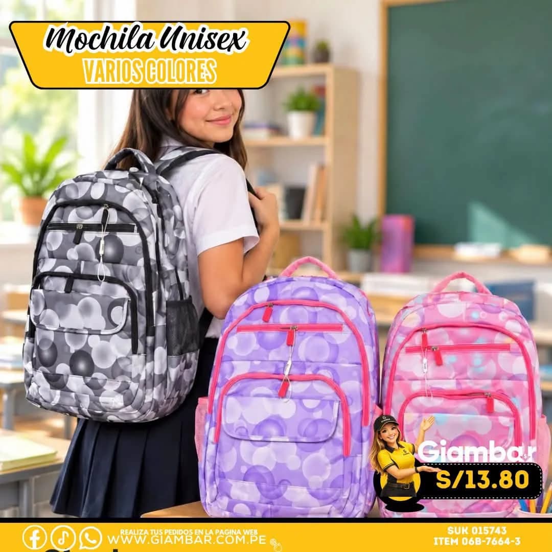06B-7664-3 MOCHILA UNISEX VARIOS COLORES CON COMPARTIMIENTOS
