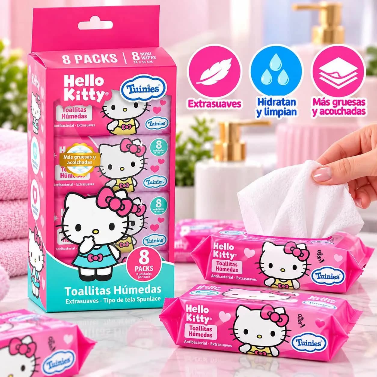 034253 Pack Toallitas Húmedas Hello Kitty 8x8 19116 TUINIES
