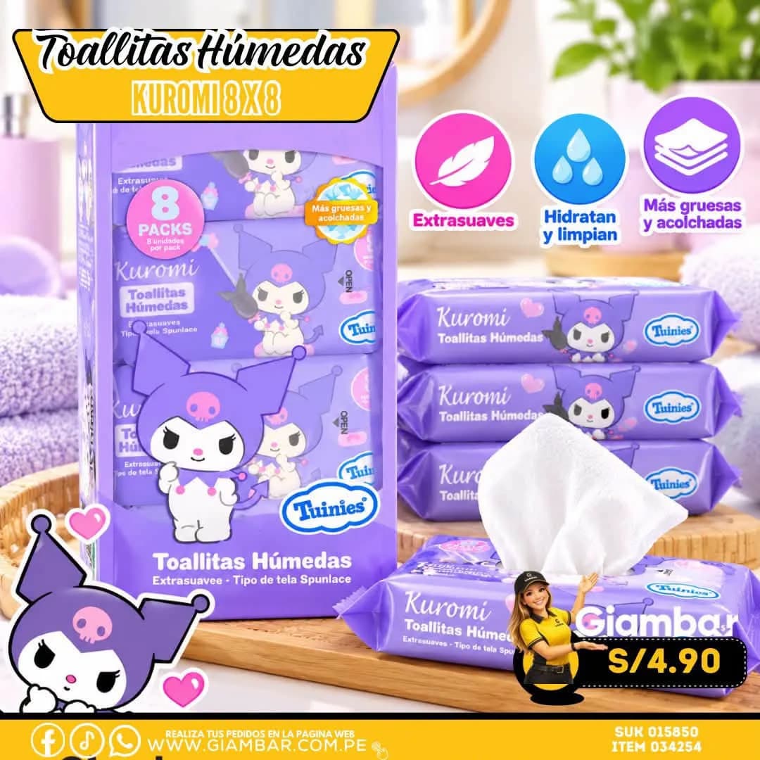 034254 Pack Toallitas Húmedas Kuromi 8x8 19118 TUINIES